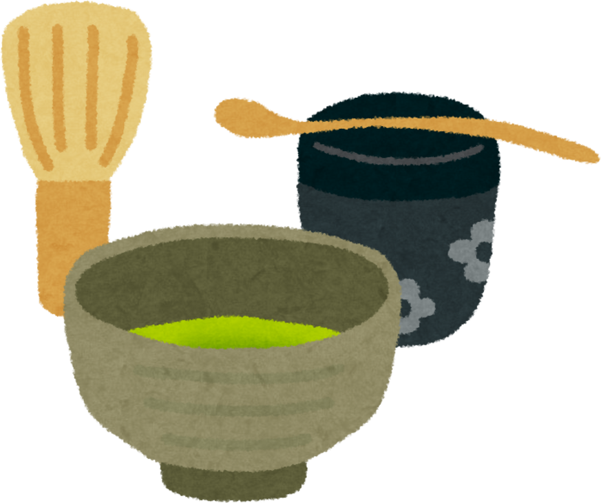 Illustration of Japanese Tea Ceremony Utensils - Chawan, Chasen, Natsume, and Chashaku